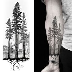 a man's arm with trees and bridge tattoo on the left side of his arm