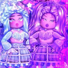 two dolls are standing next to each other in front of a background with stars and sparkles