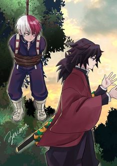 two anime characters standing next to each other in front of trees and sky with clouds