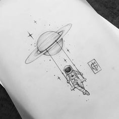 a drawing of an astronaut floating in space next to the earth with saturn on it