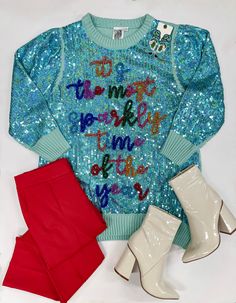 Queen Of Sparkles | Most Sparkly Time Of The Year Sequin Dress in Aqua - Giddy Up Glamour Boutique Queen Of Sparkles Clothing, Summer Christmas Outfit, Aesthetic Christmas Outfits, Christmas Closet, Fashion Sketchbook Inspiration, 2025 Christmas, Queen Of Sparkles, Sparkle Outfit, Christmas Fits