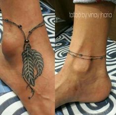 two pictures of the same foot with different tattoos on each one and an image of a feather