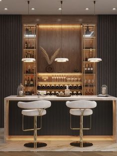 two stools in front of a bar with bottles on the shelves and lights above it