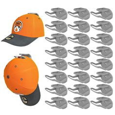 an orange and gray hat with metal clips attached to the front, side, and back of it