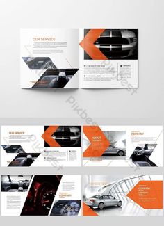 an orange and black business brochure is shown