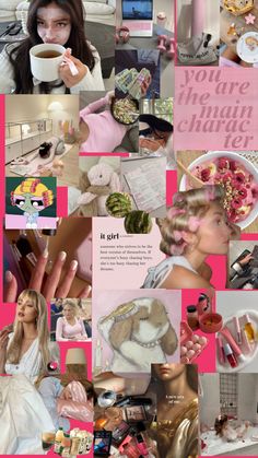 the collage shows many different images of women in pink and white outfits, with one woman holding a coffee cup