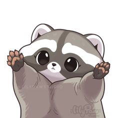 a raccoon is standing up with its hands in the air and it's eyes