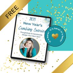 the new year's greeting card is shown with gold stars and confetti