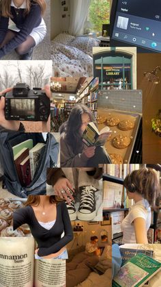 a collage of photos with people and books