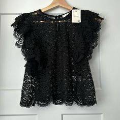 Nwt Black Lace Top. Scalloped Detail At Bottle Ruffle Along Armpit Line That Starts At Front And Carries Halfway To Back Runs Small 100% Cotton Black Lace Tops With Ruffles, Black Lace Top With Short Sleeves, Black Lace Short Sleeve Tops, Black Lace Tops, Black Lace, Lace Top, Top Blouse, Womens Tops, Women Shopping