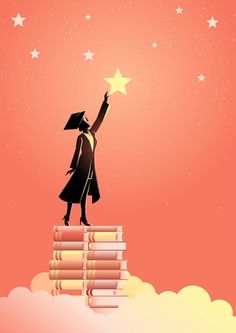 a person with a graduation cap and gown holding a star on top of stack of books