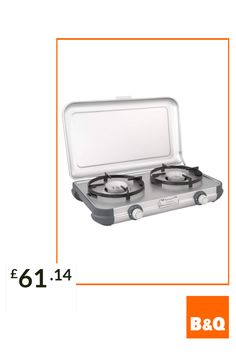 two burners are shown with the lid open and one is in an orange box