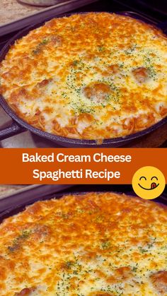 two pictures of baked cream cheese spaghetti in pans with smiley faces on the side