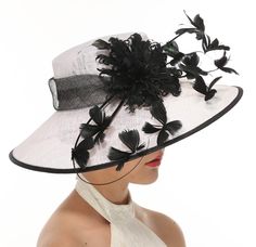 "Description: The customers in the USA will get the order in 4 business days! 100% Sinamay, light and comfortable *Wide brim measure Appr: 6\" brim *The crown is decorated with feather flower, one stripped ostrich Feather Quills. Very beautiful!! *Head girth is 23\". One size fits most *Great for Kentucky Derby, Church, Wedding, Tea Party or other special event" Elegant Curved Brim Fedora For Garden Party, Elegant Brimmed Fedora For Garden Party, Elegant Fedora For Garden Party, Brimmed Hats For Kentucky Derby Races, Short Brim Top Hat For Church And Kentucky Derby, Short Brim Top Hat For Kentucky Derby At Church, Fedora Sun Hat For Kentucky Derby Races, Elegant Brimmed Top Hat For Kentucky Derby Races, Brimmed Sun Hat For Royal Ascot Races