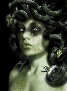 a woman with snakes on her head and eyes, in front of a black background