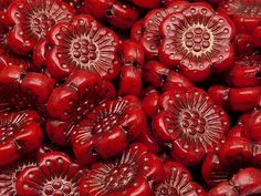 close up view of red fruit with intricate designs