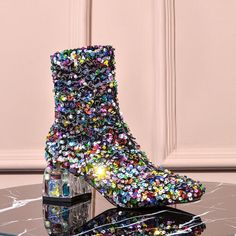 Great Shopping Occident Women Round Toes Sequins Block Heels Boots Partyclub Wear shoes NEW ddu, Womens Boots Diamond Heels, Retro Heels, Shoe Makeover, Sequin Heels, Bar Hopping, Crystal Heels, Thick Heels, Womens Boots Ankle, Mid Heel