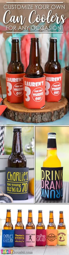 a collage of different types of beer bottles on a table with the words, custom your own can coolers for any occasion