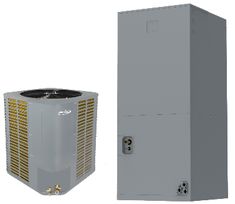 an air conditioner and heat pump on a white background with the same product in front of it