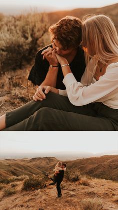 a couple sitting on top of a hill next to each other in the middle of two pictures