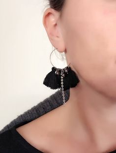 A personal favorite from my Etsy shop https://www.etsy.com/listing/569078499/black-tassel-hoop-earrings-black-tassel Earrings Tassel, Earrings Circle, Fan Earrings, Earrings Hoop, Earrings Black, Black Earrings, Silver Hoops, Tassel Earrings, Tassels