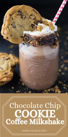 chocolate chip cookie coffee milkshake in a mason jar