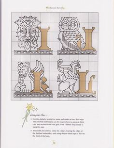 a cross stitch pattern with the letter l and an image of animals, birds and flowers