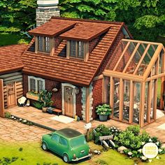 a green car is parked in front of a brick house with a greenhouse on the roof