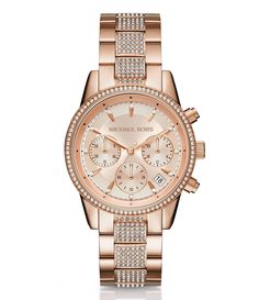 From Michael Kors&#x2C; the Ritz women's watch features:rose gold-tone stainless steel braceletrose gold-tone stainless steel round caserose gold dialchronograph movementapprox. 37mm case size; 11mm case thickness; 18mm lug width; 190+/-5mm bracelet circumference5 ATM water resistanceImported. Butterfly Jewelry, Skagen, Stainless Steel Watch, Fine Jewellery, Chronograph Watch, Michael Kors Watch, Stainless Steel Bracelet, Luxury Watches, Gold Bands