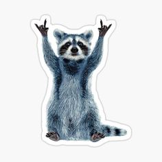 a raccoon sticker with its arms in the air and it's hands up