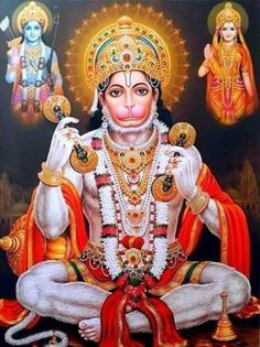 the hindu god is sitting in front of two other deities, one with his hands on his chest