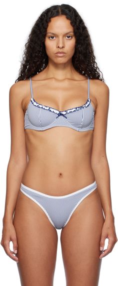 Stretch nylon jersey bikini top. Stripes printed throughout. · Ruffled trim and bow appliqué at sweetheart neck · Underwire at cups · Adjustable shoulder straps · Self-tie straps at back · Fully lined Supplier color: Ocean stripe Frankie’s Bikinis, Supportive Bikinis, Bday List, Dr Closet, Beachy Vibes, Frankies Bikinis, Sweetheart Neck, Stripe Print, Ruffle Trim