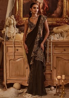 Dayna Black Drape Sari And Blouse by Roqa, available on Indiaspopup.com Drape Sari, Black Sari, Golden Embroidery, Black Drapes, Deep Black, Timeless Treasures, The Deep, Black Fabric, Gold Accents