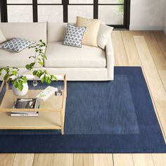 a living room with a couch, coffee table and large window overlooking the outdoors area