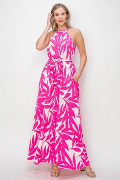 Fuchsia Leafy Halter Neck Tie Waist Maxi Dress Pink Maxi Dress With Tropical Print, Pink Halter Neck Dress With Tropical Print, Viscose Halter Neck Maxi Dress, Pink Tropical Print Halter Neck Dress, Pink Printed Halter Neck Maxi Dress, Chic Maxi-length Halter Dress For Vacation, Beach Cover-up Maxi Dress With Halter Neck, Stretch V-neck Halter Dress For Beach, Summer Tie-dye Halter Neck Dress