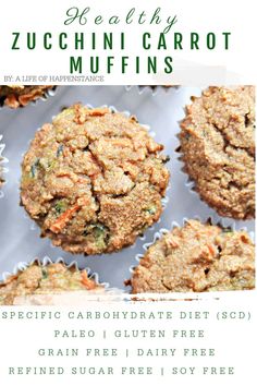 the recipe for zucchini carrot muffins is shown in front of a white background