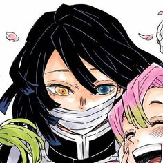 two anime characters with different colored hair and scarves on their faces, one wearing a mask