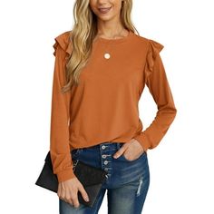 JWD Women Tops Knit Shirts Casual Ruffle Long sleeved Top Round Neck Tunic Tops Blouse For Women. With the casual flowy fitting style, you are able to tuck it in with jeans,and also tie a knot in front of the top,looks good in appearance.This simple but stylish casual tops can be paired with jeans, leggings, and shoulder bags, go shopping, walk in the street, etc. This ruffle casual top is perfect for daily style, business, work office, home wear, casual wear or party, night out, holidays, relax Fall Blouses For Women, Orange Flowy Long Sleeve Tops, Flannel Shirts For Women, Brown Casual 3/4 Sleeve Top, Cheap Orange Long Sleeve T-shirt, Long Sleeve Shirts For Women, Casual Orange 3/4 Sleeve Top, Knit Shirts, Ruffle Tops