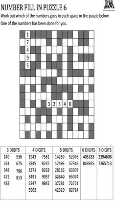 the number fill in puzzle 6 worksheet