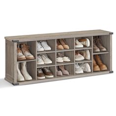 a wooden shoe rack filled with lots of shoes