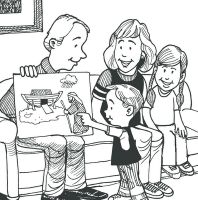 a black and white drawing of a family looking at a painting on the wall in their living room