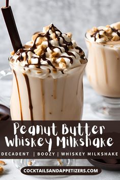 two glasses of peanut butter whiskey milkshake with whipped cream and chocolate drizzle