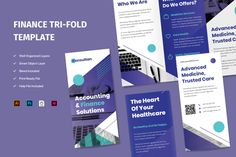 the financial tri fold brochure is shown in purple and blue tones, with an image