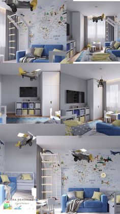 multiple pictures of a living room with blue couches and yellow pillows on the walls