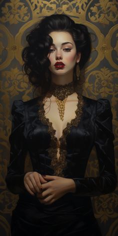 a painting of a woman with dark hair and red lipstick wearing a black dress against a gold wallpapered background