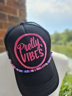 Pretty VIBES with colorful chain all black trucker hat Trendy Multicolor Baseball Cap For Streetwear, Trendy Multicolor Snapback Hat For Streetwear, Black Snapback Hat For Summer Festival, Trendy Black Trucker Hat, Trendy Multicolor Snapback Hat, Fun Black Adjustable Snapback Hat, Trendy Black Adjustable Baseball Cap, Black Snapback Cap For Festival, Black Snapback Hat For Festival