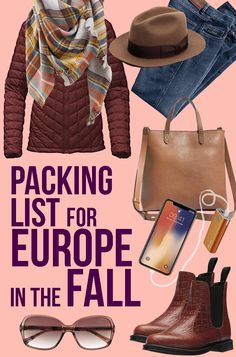 a poster with the words packing list for europe in the fall and winter, including boots, hats, scarves, scarfs, sunglasses