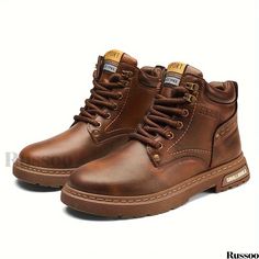 Russoo - Premium Mens High Top Boots: Stylish, Comfortable Lace-Up Shoes with Non-Slip Soles for Casual Wear Fall Martin Boots With Steel Toe, Casual Brown Martin Boots With Steel Toe, Casual Brown Martin Boots With Round Toe, Rugged Steel Toe Martin Boots, Slip-on Boots With Cushioned Footbed And Round Toe, Casual Brown High-top Work Boots, Slip-resistant Brown Boots For Streetwear, Streetwear Martin Boots With Rubber Sole And Round Toe, Casual Steel Toe Lace-up Martin Boots