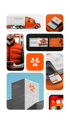 an orange and white brochure with images of people, trucks, and cell phones