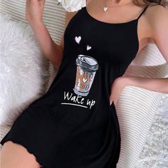 Super Cute And Stylish Ships In 5-10 Business Days Black Sleepwear For Spring Lounging, Fitted Sleepwear With Built-in Bra For Lounging, Black Spring Sleepwear For Lounging, Spring Black Sleepwear For Lounging, Casual Black Sleeveless Sleepwear, Black Stretch Summer Sleepwear, Casual Black Summer Nightgown, Flirty Sleeveless Loungewear Sleepwear, Black Casual Cami Sleepwear